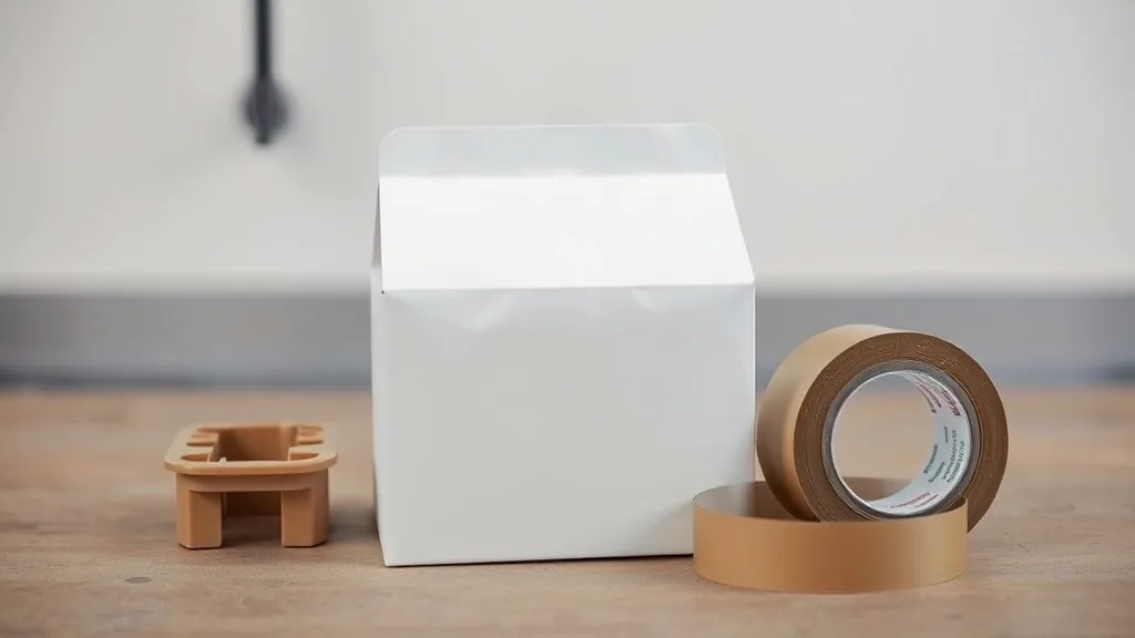A plain unprinted folding carton standing beside a moulded plastic part and a roll of tape.
