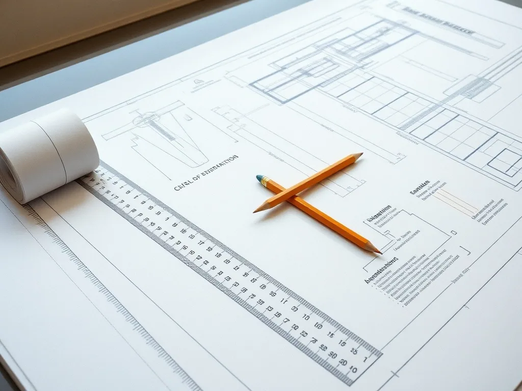 A large engineering drawing on a board with a scale rule and two pencils laid across it.