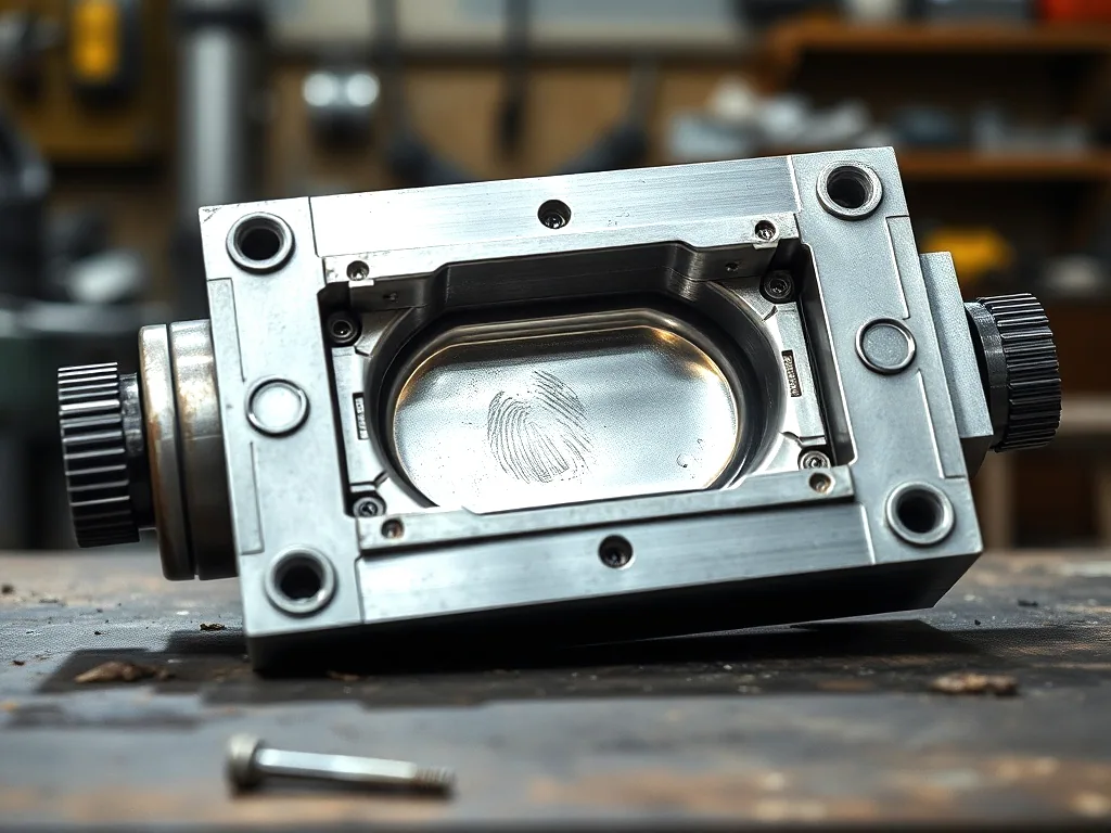 A machined aluminium mould tool lying open on a bench, the polished cavity catching the light.
